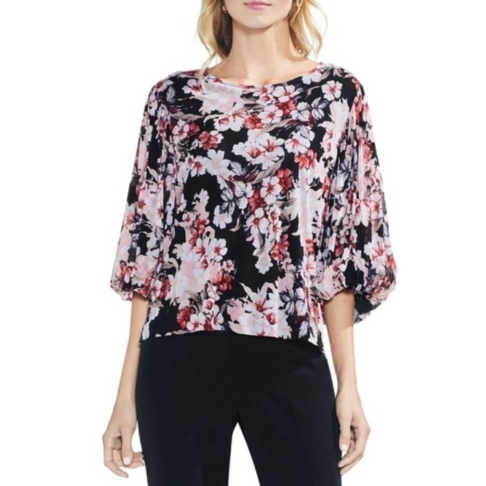 Vince Camuto Floral Print Balloon Sleeve Blouse Top Black Pink Size Small - Picture 8 of 9